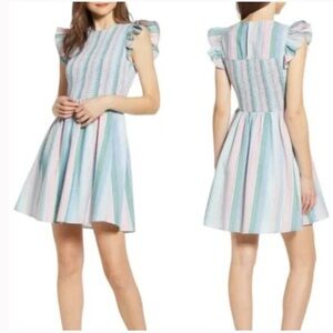 ENGLISH FACTORY Linen Cotton Blend Smocked Striped Pastel Dress Size Medium